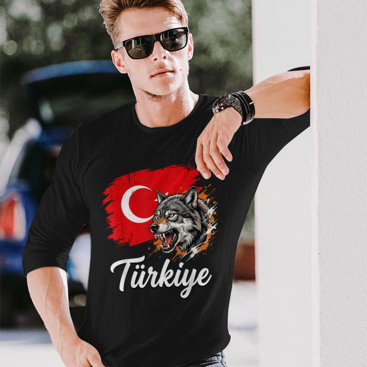 激しいトルコのオオカミと国旗 長袖Tシャツ 彼への贈り物