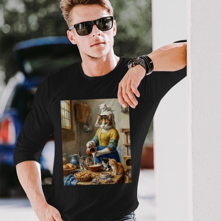 牛乳を注ぐ猫 フェルメール風 名画パロディ 油絵アート 可愛い子猫 おもしろ 猫好き 長袖Tシャツ 彼への贈り物