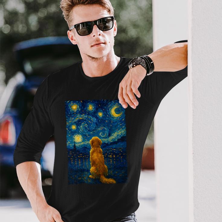 犬 天体観測 ゴッホ 夜空 ゴールデンレトリバー ラブラドール 長袖tシャツ 長袖Tシャツ 彼への贈り物