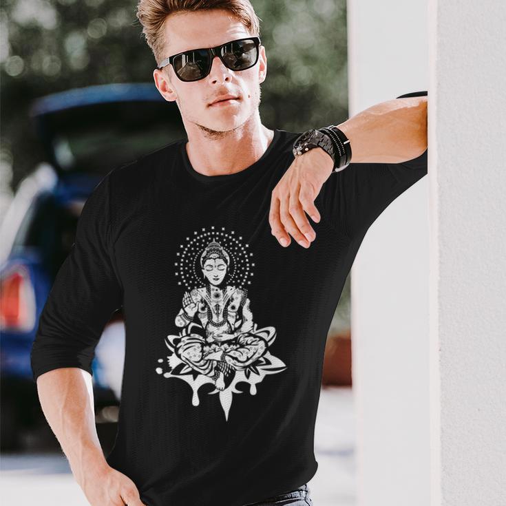 瞑想的な蓮の置物 スピリチュアルな禅ファンタジーデザイン 長袖Tシャツ 彼への贈り物