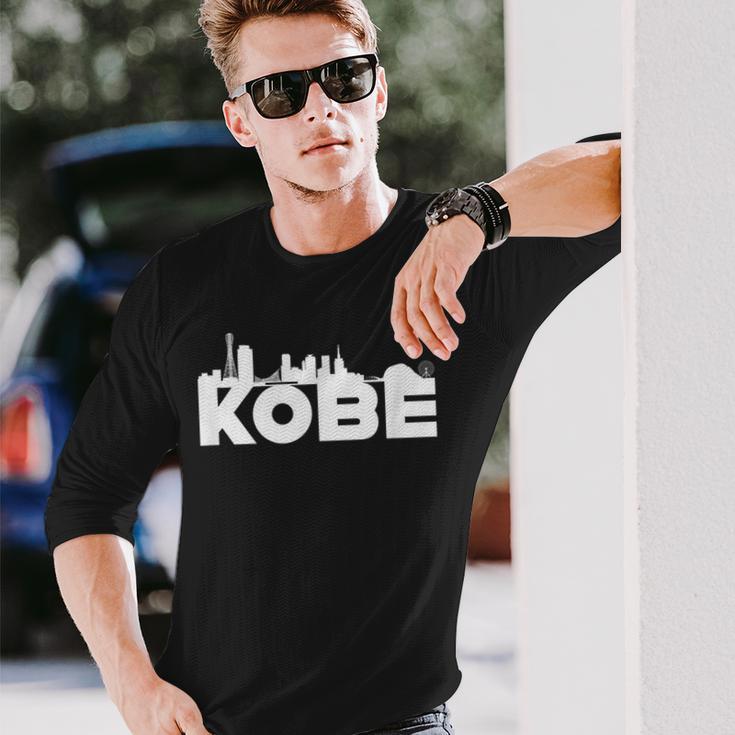 神戸ジャパン 都市スカイライン シルエット アウトライン スケッチ 長袖Tシャツ 彼への贈り物