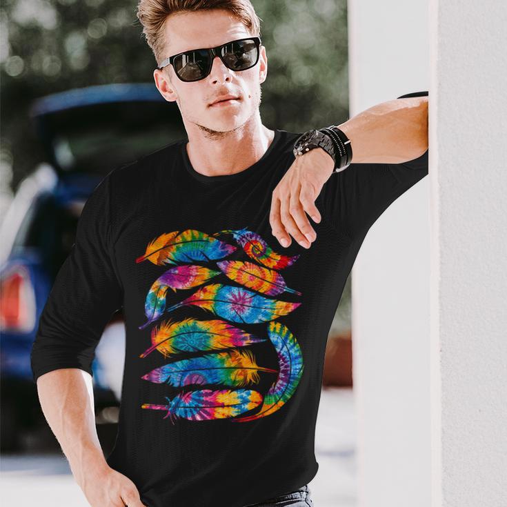 絞り染め カラーフェザー アメリカ インディアン プライド ネイティブアメリカン 長袖Tシャツ 彼への贈り物