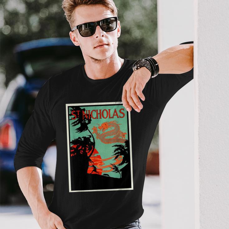 聖ニコルズ ドラゴン サンセット ヤシの木 グラフィック リトグラフ 長袖Tシャツ 彼への贈り物