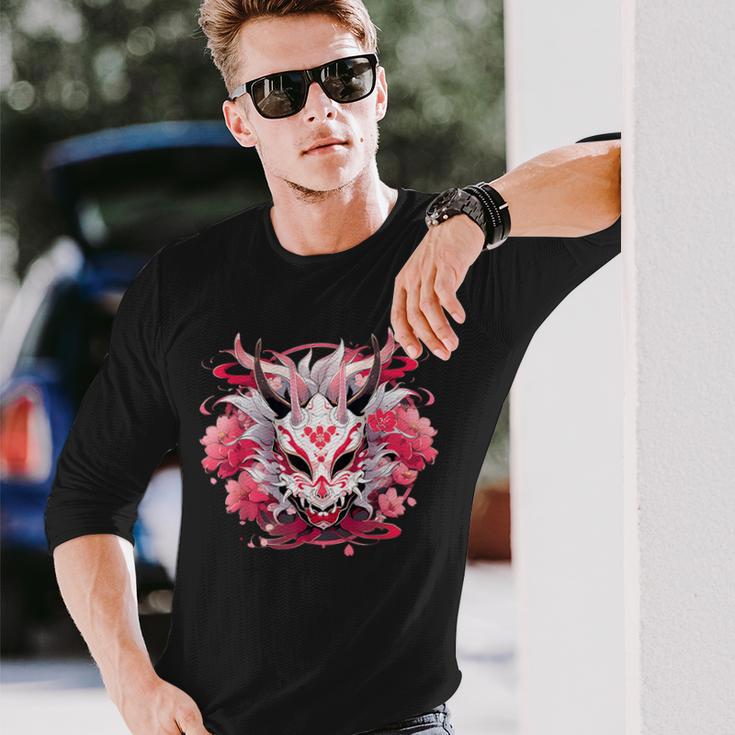 芸者にインスパイアされた日本のおにフラワーマスク 長袖Tシャツ 彼への贈り物