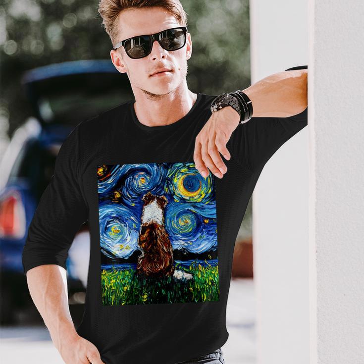 赤いボーダーコリー 星月夜犬 アートワーク 長袖Tシャツ 彼への贈り物