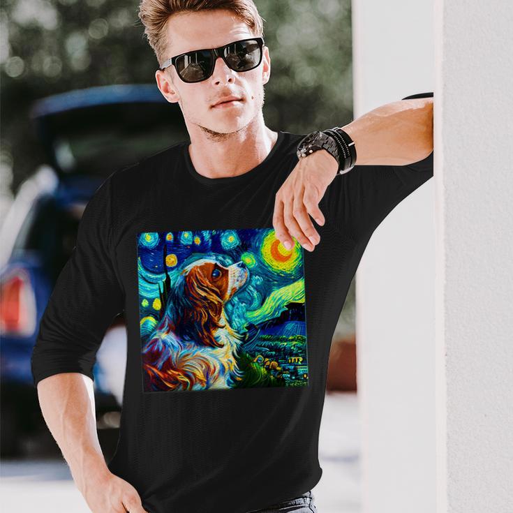 面白いtシャツ 犬 キャバリア ゴッホ 星月夜 わんこ メンズ おもしろ グッズ 服 かわいい 長袖Tシャツ 彼への贈り物