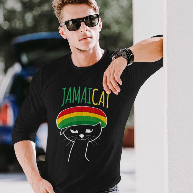 面白い猫 ユーモア ラスタ Jamaicat ジャマイカ 旗 かっこいい 男 猫 長袖Tシャツ 彼への贈り物