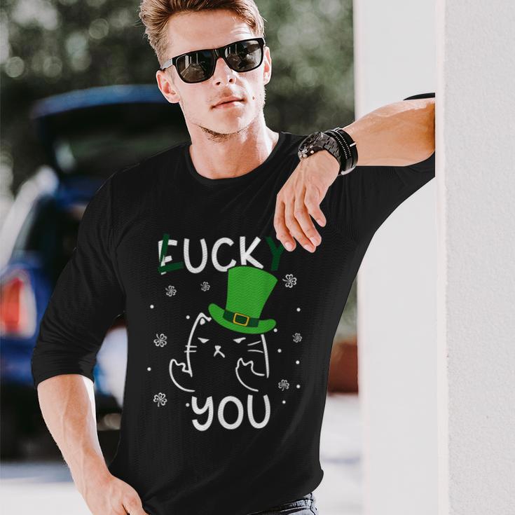 面白い黒猫レプラコーンファックラッキーユー聖パトリックデー 長袖Tシャツ 彼への贈り物