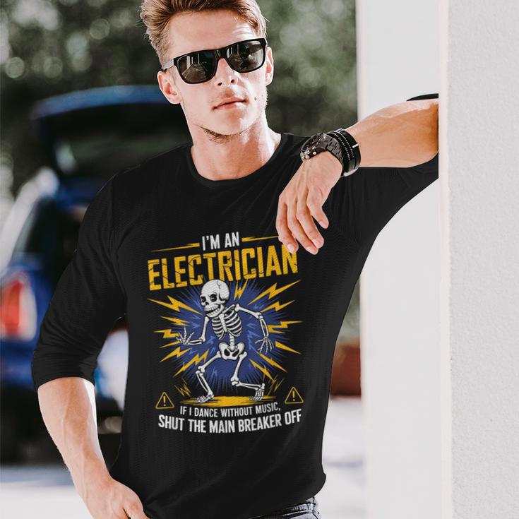 音楽なしで踊ったら私は電気技師だおもしろいスケルトン 長袖Tシャツ 彼への贈り物
