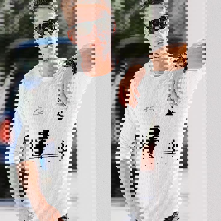 Dino T-Rex 恐竜 ピクセルゲーム インターネットなし オフライン 面白い 男性 長袖Tシャツ 彼への贈り物