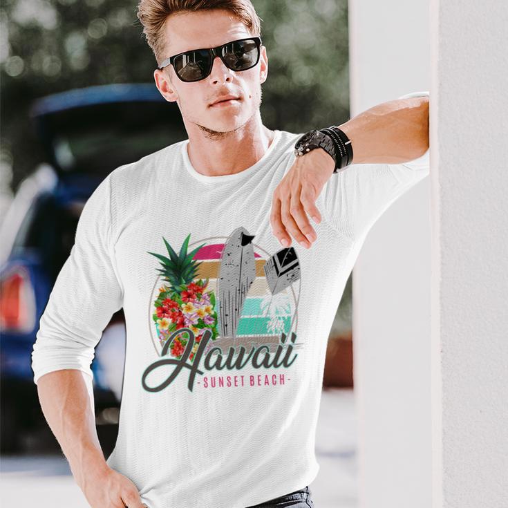 Sunset Beach Hawaii、サーフィンサーフボードレトロ、バックプリント 長袖tシャツ 長袖Tシャツ 彼への贈り物