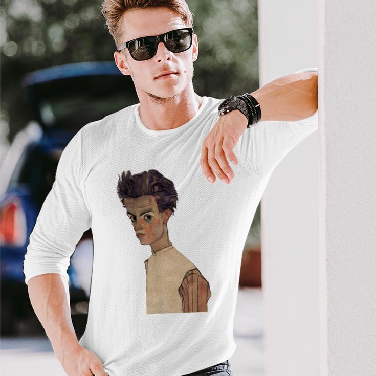 エゴン・シーレ作1910ストライプシャツの自画像 長袖Tシャツ 彼への贈り物