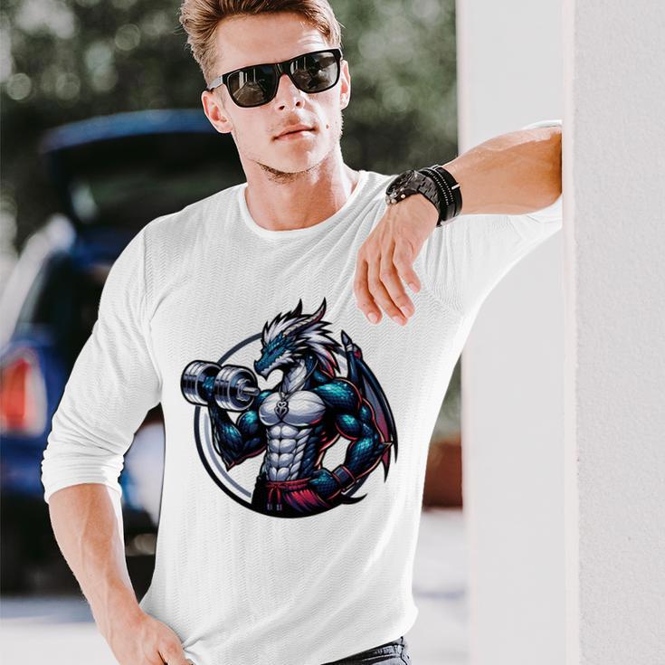 キュートでかわいいグラフィックのドラゴンが筋肉質のシックスパックを表示 長袖tシャツ 長袖Tシャツ 彼への贈り物