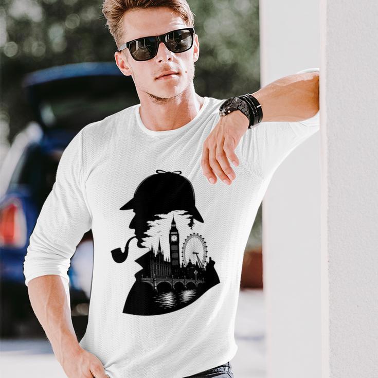 シャーロックホームズ&ロンドンのスカイラインシルエットギフト 長袖Tシャツ 彼への贈り物