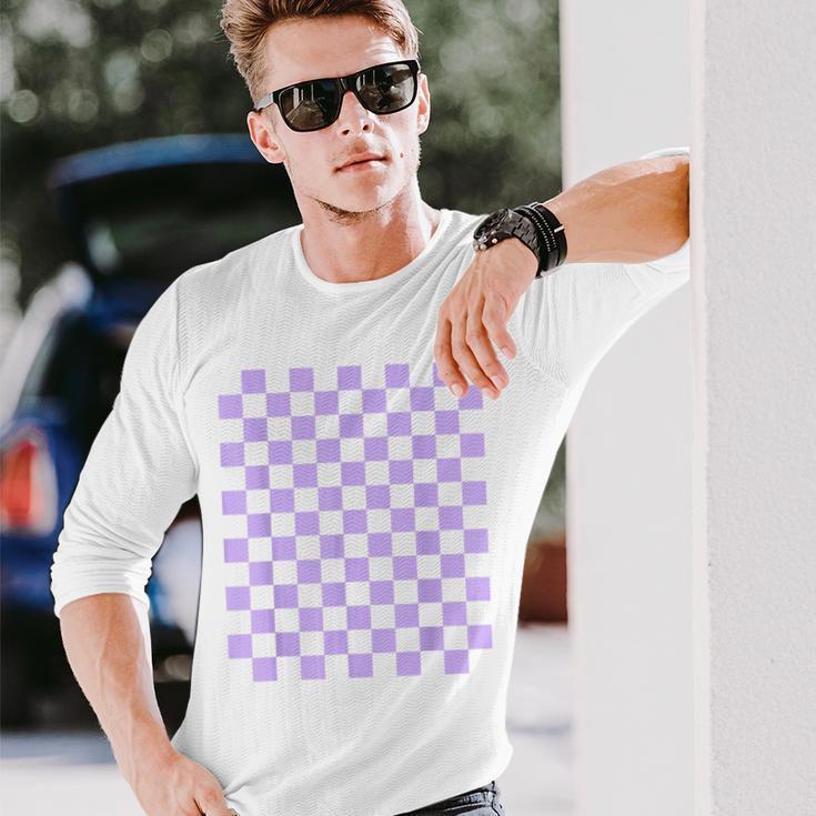 パープルラベンダーチェッカーボード 長袖Tシャツ 彼への贈り物