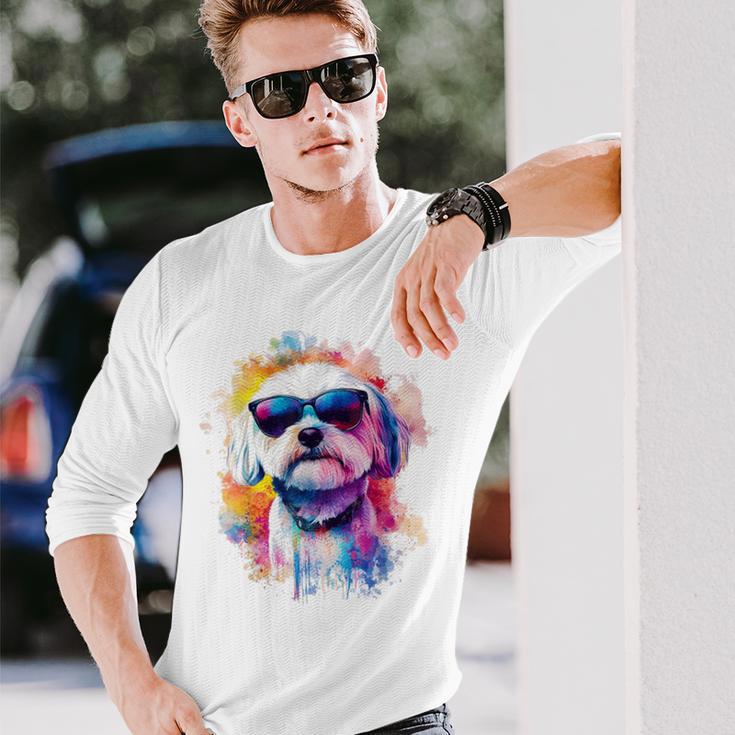 マルチーズ 犬 グラフィック ペット アートワーク サングラス マルチーズ 長袖Tシャツ 彼への贈り物