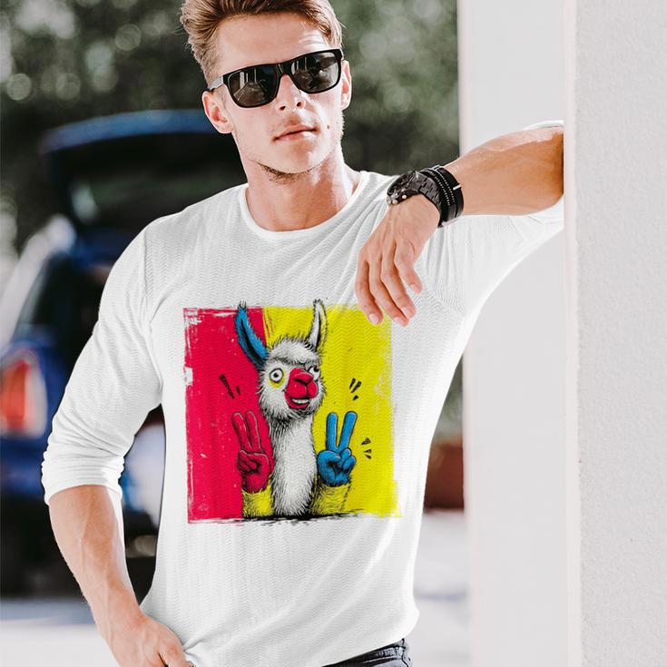 ラマ ダブルピース レトロ ポップ キャラクター グラフィック サイン ジェスチャー 長袖Tシャツ 彼への贈り物
