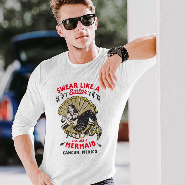 レトロカンクン メキシコ おもしろパーティー ピンナップ マーメイド カレッジブレイク 長袖Tシャツ 彼への贈り物