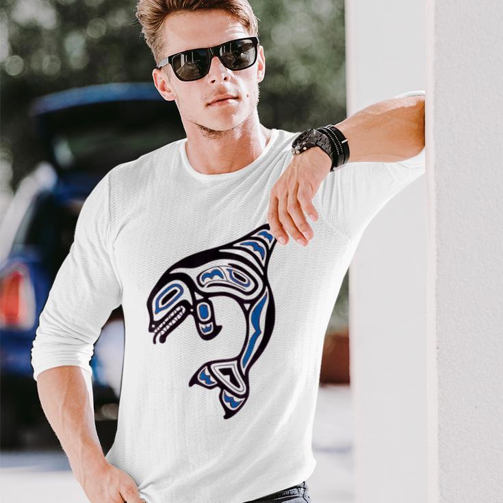 太平洋北西部シャチクジラ ネイティブアメリカン インディアンアート 長袖Tシャツ 彼への贈り物