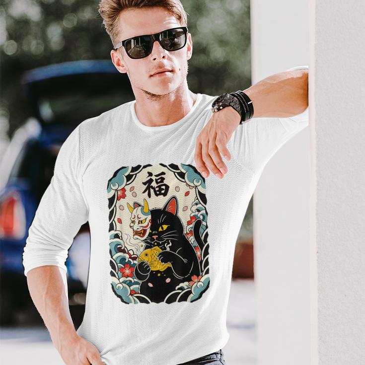 日本の浮世絵 黒子猫 鬼 マスク 魚 ハッピーチャンス アート 長袖Tシャツ 彼への贈り物