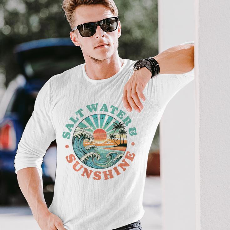 海水と日光 レトロ ビーチ 波 夕日 ヤシの木 長袖Tシャツ 彼への贈り物