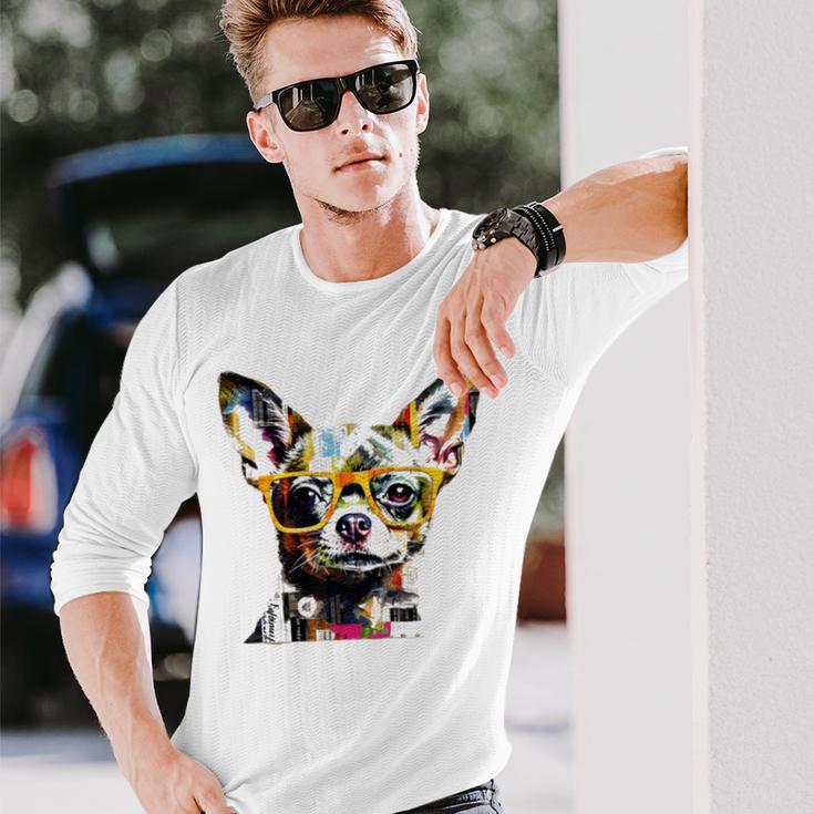 黄色のメガネを着たチワワ 明るい色 長袖Tシャツ 彼への贈り物
