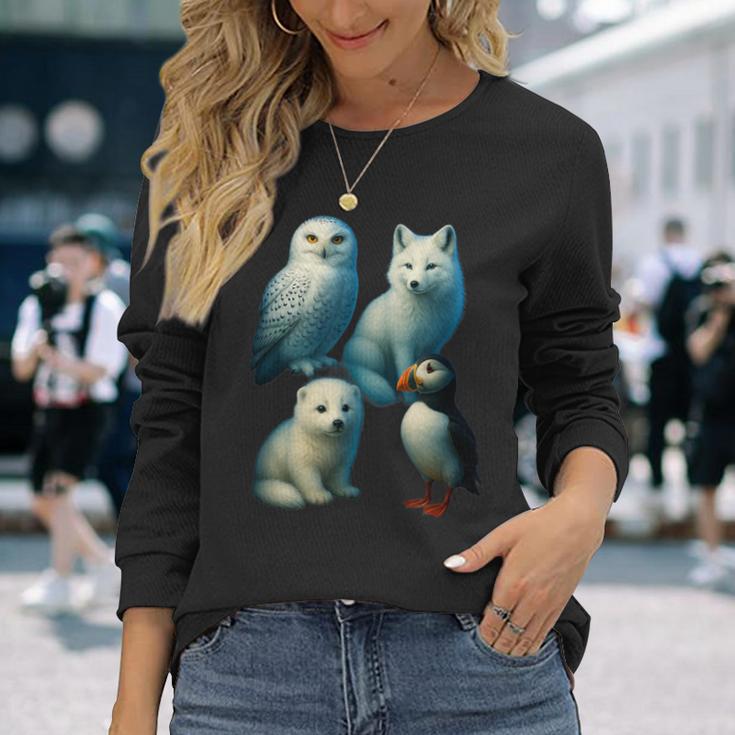 Arctic Animals コラージュ シロフクロウ キツネアザラシ ツノメ 長袖Tシャツ 彼女への贈り物