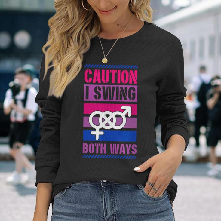 Caution Iwing Both Ways バイセクシャル プライド ジョーク 長袖Tシャツ 彼女への贈り物