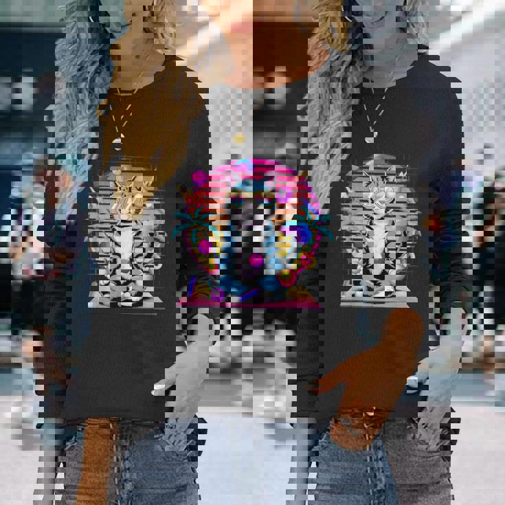 Cool Cat 瞑想 ヴェイパーウェーブ 80年代 レトロ シンセウェーブ 長袖Tシャツ 彼女への贈り物