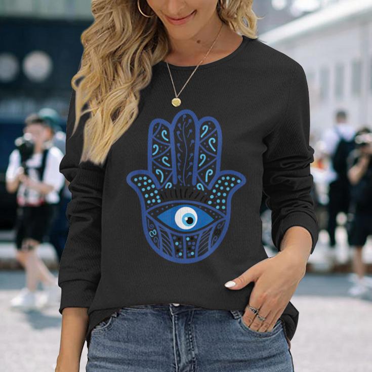 Evil Eye Artwork Hamasa Good Luck Hand Of Fatima Hipster 長袖Tシャツ 彼女への贈り物