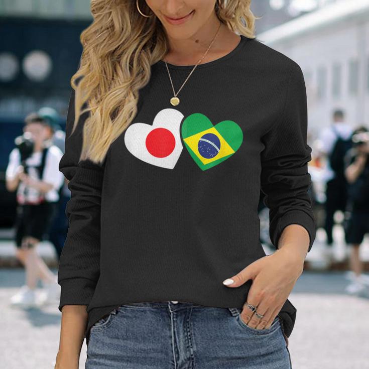 Japanese Flag Brazilian Flag Heart 日系ブラジルブラジル国旗日本国旗 長袖Tシャツ 彼女への贈り物