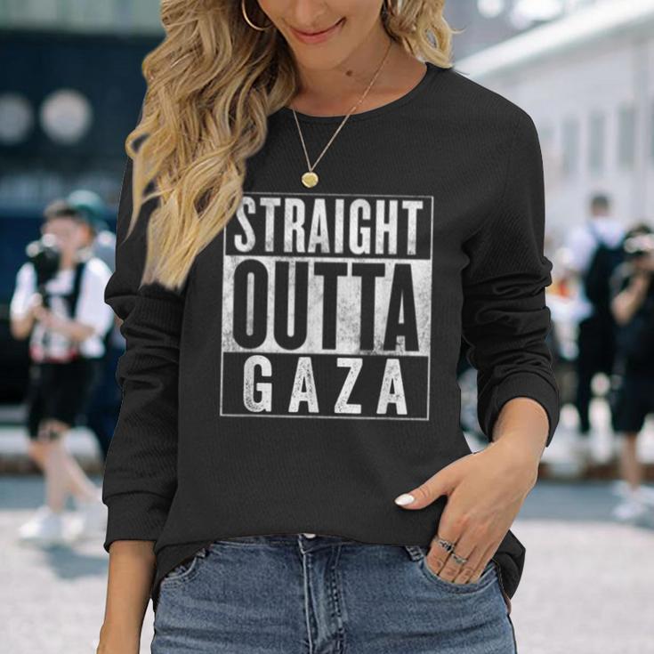 Straight Outta Gaza 反戦 Nakba 抗議 パレスチナ人ヒューマス 長袖Tシャツ 彼女への贈り物