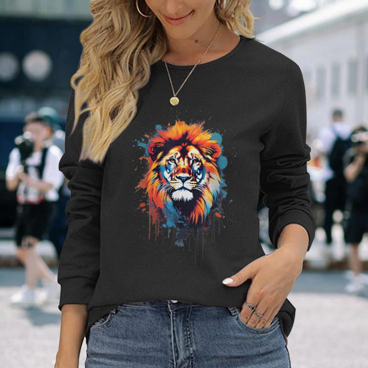 Strong Regal Lion Magestic Lion クールカラフルライオンステンシル 長袖Tシャツ 彼女への贈り物
