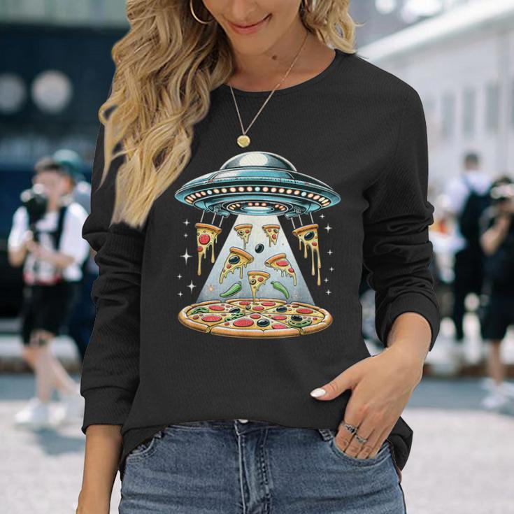 Ufo エイリアン 食べるピザ誘拐 面白い食べ物愛好家 長袖Tシャツ 彼女への贈り物