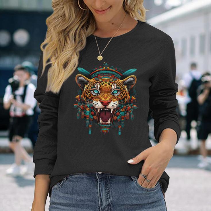 アステカ メキシコ神話 ネイティブメキシコプライド マヤジャガー 長袖Tシャツ 彼女への贈り物