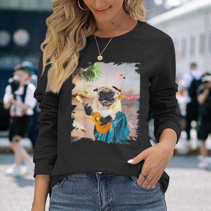 アロハ ハワイアン 犬 パグ ウクレレ ビーチ ファニー 長袖Tシャツ 彼女への贈り物