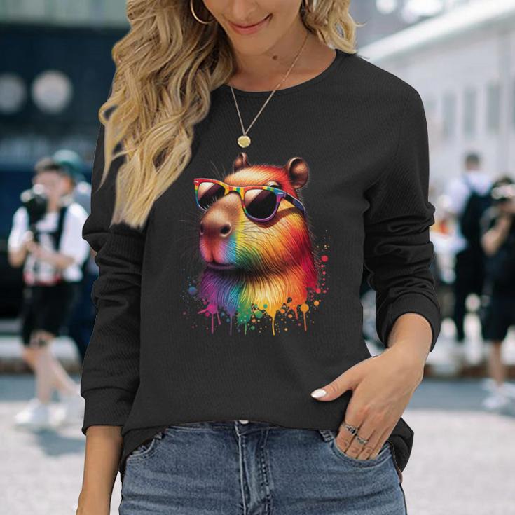 カピバラレインボーフラッグゲイプライド 長袖Tシャツ 彼女への贈り物
