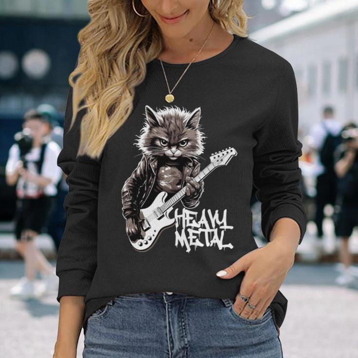 ギターを弾く猫 ヘヴィメタル ロックキャット おもしろギタリスト 長袖tシャツ 長袖Tシャツ 彼女への贈り物