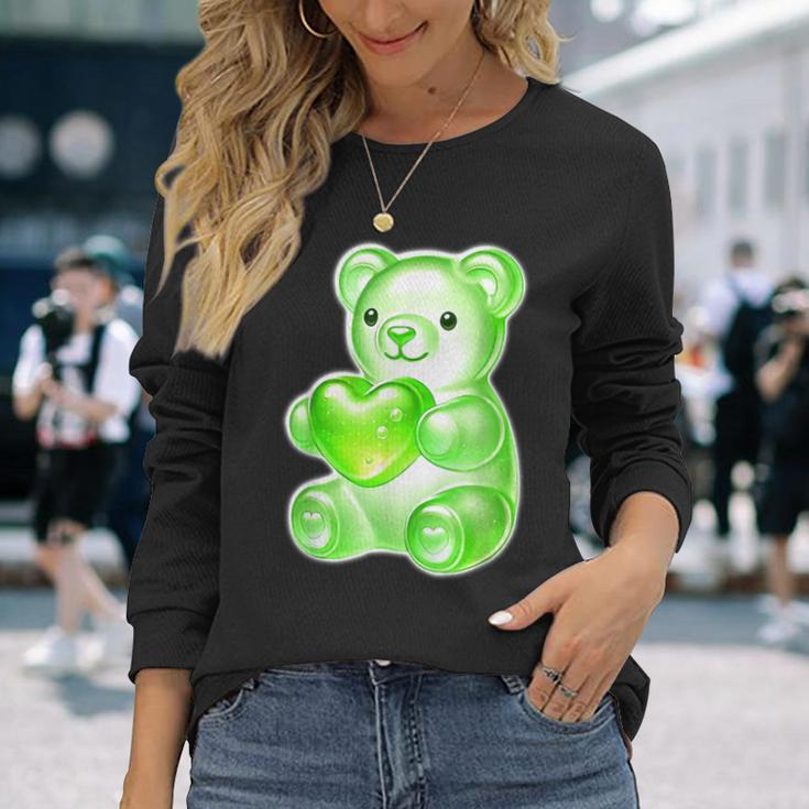 グミベア キャンディ ハート グリーン 長袖Tシャツ 彼女への贈り物