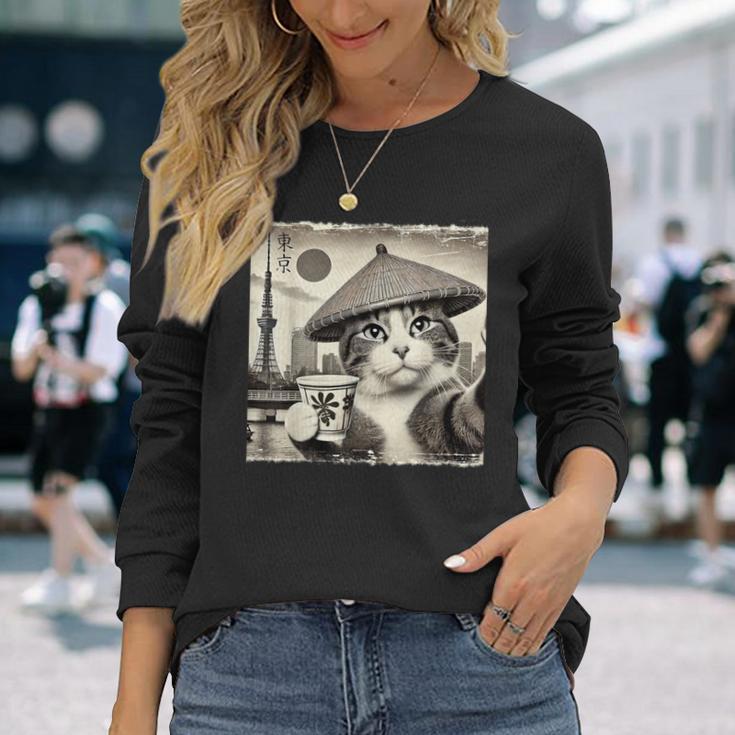 サムライ 猫 すすり茶 東京タワー 和 長袖Tシャツ 彼女への贈り物