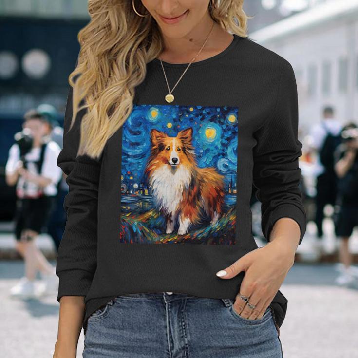 シュールな星月夜シェルティドッグ 長袖Tシャツ 彼女への贈り物