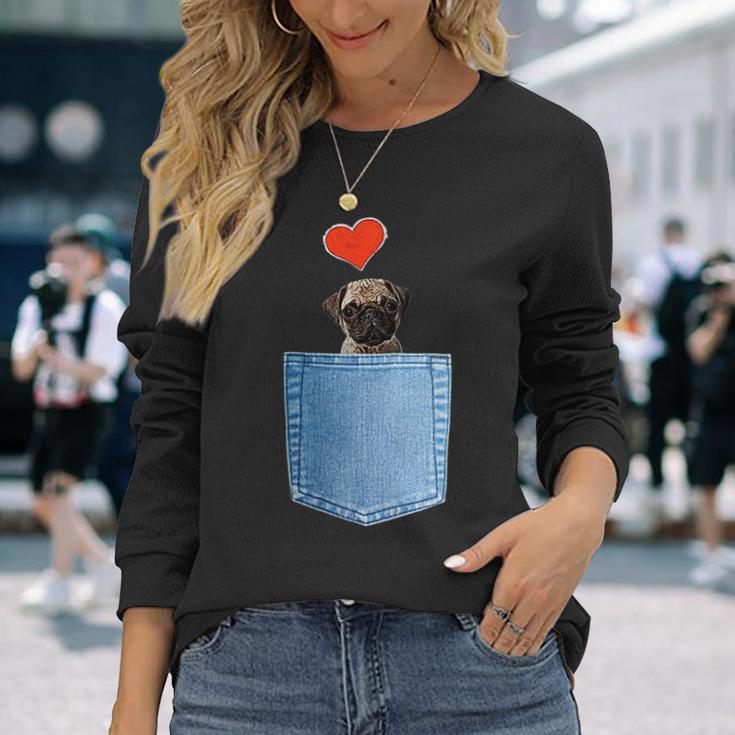 ジーンズポケット付きシャツ パグ犬とハート犬のモチーフ 長袖Tシャツ 彼女への贈り物