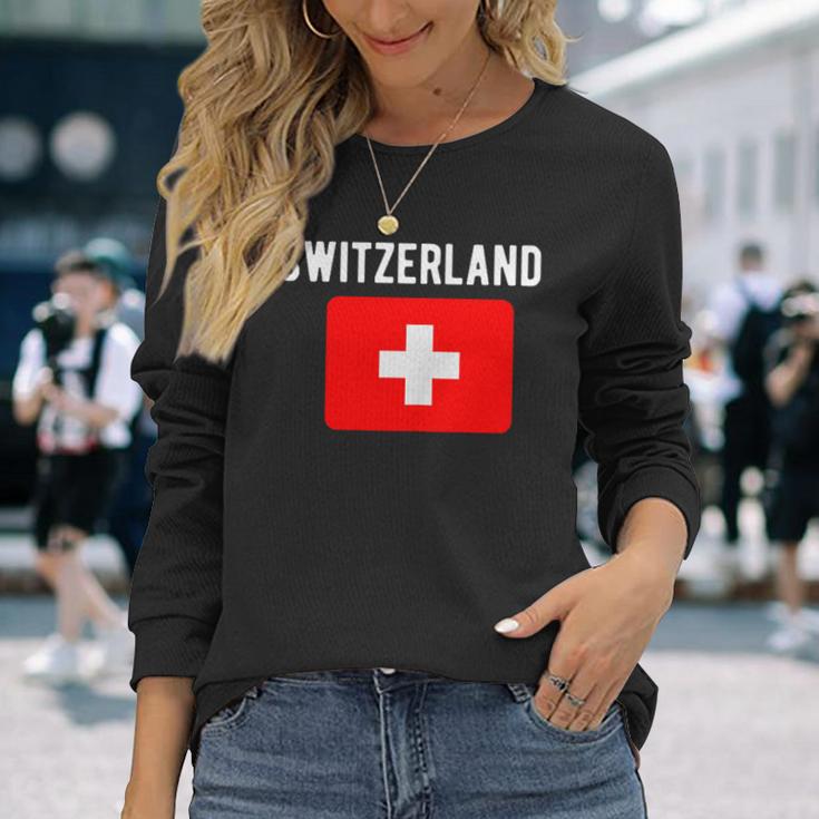 スイス国旗 スイス国地図フラッグ 長袖Tシャツ 彼女への贈り物