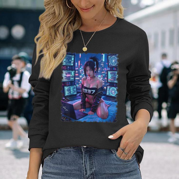 セクシーガールグラフィックtシャツ 1337 サイバーパンク ハッカーガール 長袖Tシャツ 彼女への贈り物