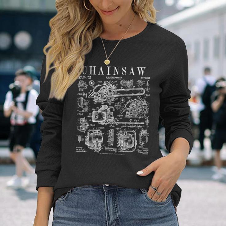 チェーンソー 木こり アーボリスト 木工士 ヴィンテージ 特許プリント 長袖Tシャツ 彼女への贈り物