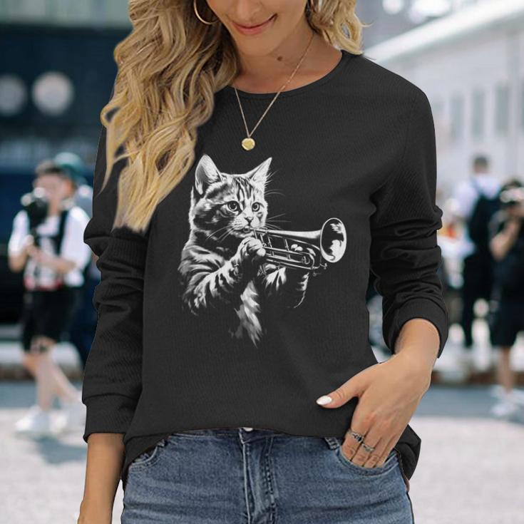 トランペットを奏でる猫 ヴィンテージ ジャズ ミュージシャン トランペッター 長袖Tシャツ 彼女への贈り物