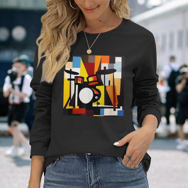 ドラムモチーフ カラフル シルエット 楽器 ドラマー 長袖Tシャツ 彼女への贈り物