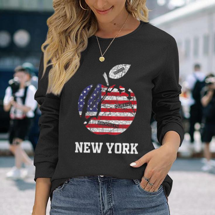 ニューヨーク市 ビッグアップル グラフィック アメリカ国旗付き 長袖Tシャツ 彼女への贈り物