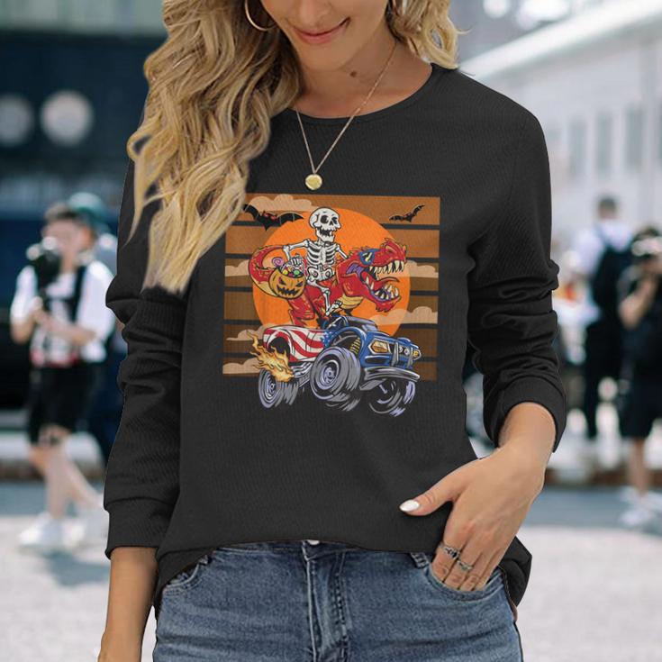 ハロウィーン スケルトン ライディング モンスタートラック トリックオア トリート パーティー 長袖Tシャツ 彼女への贈り物