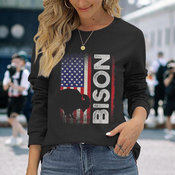 ハンティング アメリカンバイソン クリエイティブ ユーズド加工 アメリカ国旗 ハンター 長袖Tシャツ 彼女への贈り物